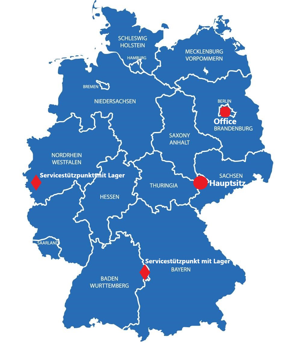 Standorte und Lager in Altenburg (Thüringen), Berlin (Berlin/Brandenburg), Crailsheim (Baden-Württember/Bayern) und Aachen (Nordhrein-Westfalen / Rheinland-Pfalz)